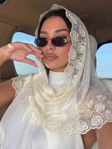 3D Rose Lace Mesh Hijab Scarf For Women, Lightweight Breathable Mesh Base With Soft Drape, Suitable For Daily Commute, Self-Driving Trips, Wedding And Prayer Outfits, Multi-Use As Headscarf And Shawl - Cream - View 1