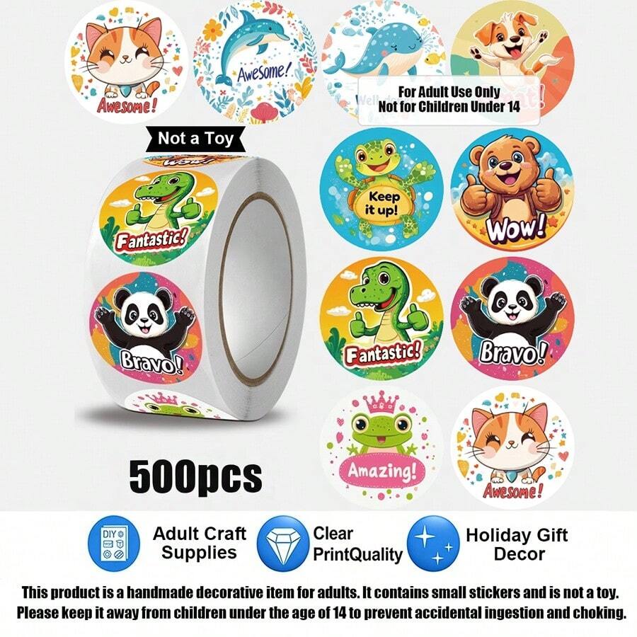 500張/捲圓形自黏裝飾貼紙，禮品手工封口標籤，10款Ins風動物勵志圖案，萬聖節、聖誕節節日包裝材料，成人DIY手帳、日記、剪貼簿、禮品信封裝飾，非玩具，不適合14歲以下兒童，成人手工裝飾貼紙