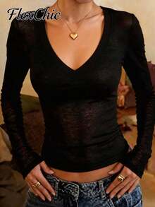 FLEXCHIC Plus Size Y2K Stretchy See-Through Long Sleeve V-Neck Slim Fit T-Shirt Going Out Top, Perfect For Casual Or Chic - Black - View 1