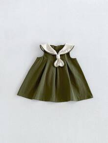 Miniweenns 1件嬰兒/幼兒女童學院風荷葉邊蝴蝶結復古公主無袖洋裝，夏季返校穿著（尺寸偏小） - 綠色 - 查看 15