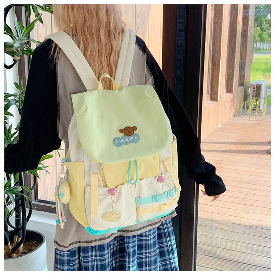 1 pièce Sac à dos pliable et spacieux avec combinaisons de couleurs pour les étudiantes, pour l'école et les voyages - Vert [avec pendentif lune] - Voir 1