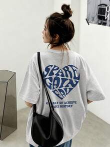 Women's Casual Round Neck Letter & Heart Print Loose Fit Short Sleeve T-Shirt, Versatile For Spring/Summer - Light Gray - View 4