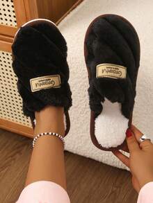 Women's Thick Striped Letter Plush Slippers, Winter Indoor Warm Slip-On House Shoes, Couple Shoes - Black - View 3
