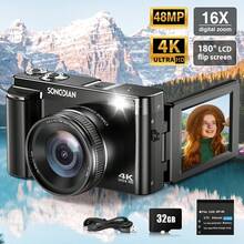 SONGDIAN 4K 30fps 超高清 4800 万像素数码相机，配备 32GB TF 卡、850mAh 可充电电池、16 倍光学变焦、3 英寸 180° 可旋转翻转屏，是视频博客和视频拍摄的理想之选，便携入门级设计，也是馈赠佳品。 - Camera + Filter - 查看 3