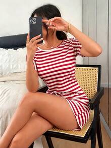 Women's Striped Print Short Sleeve Shorts Pajama Set, Spring/Summer - Red - View 5
