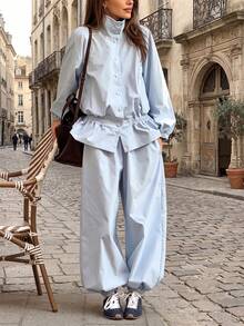 Fashion Women's Loose High Neck Button Pleated Detail Design Jacket And Tapered Leg Pants Two Pieces Set Elegant Fall - Light Wash - View 1