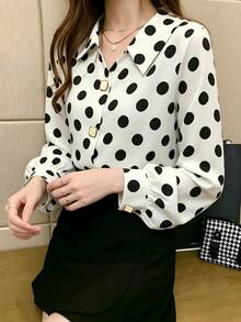 女款波點圖案時尚長袖設計成熟港風緞面襯衫 - 白色 - 查看 6