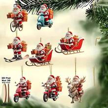 2D Flat, 8pcs Set Cute Santa Claus Riding Bike Delivering Gifts Christmas Tree Hanging Ornaments, Wooden Christmas Tree Top Decoration, Home Decor And Outdoor Holiday Display - 8-piece Set - View 4