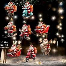 2D Flat, 8pcs Set Cute Santa Claus Riding Bike Delivering Gifts Christmas Tree Hanging Ornaments, Wooden Christmas Tree Top Decoration, Home Decor And Outdoor Holiday Display - 8-piece Set - View 5