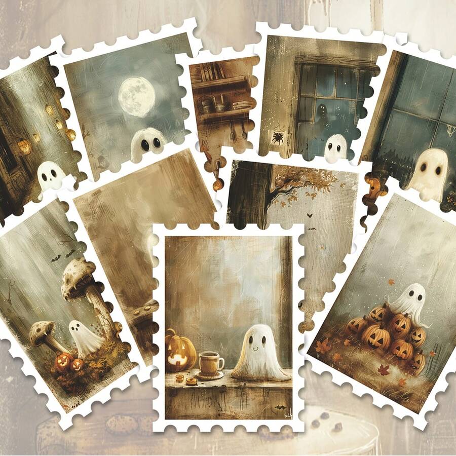 36pcs Vintage Halloween Ghost Pumpkin Postage Stamp Style Stickers, Antique Matte Tone, Spooky Cute Ghost, Full Moon, Jack-O'-Lantern, Mushroom, Bat Window House Decoration Design, Suitable For Junk Journal, Planner, Notebook, Photo Album DIY Craft Materials - A - View 1