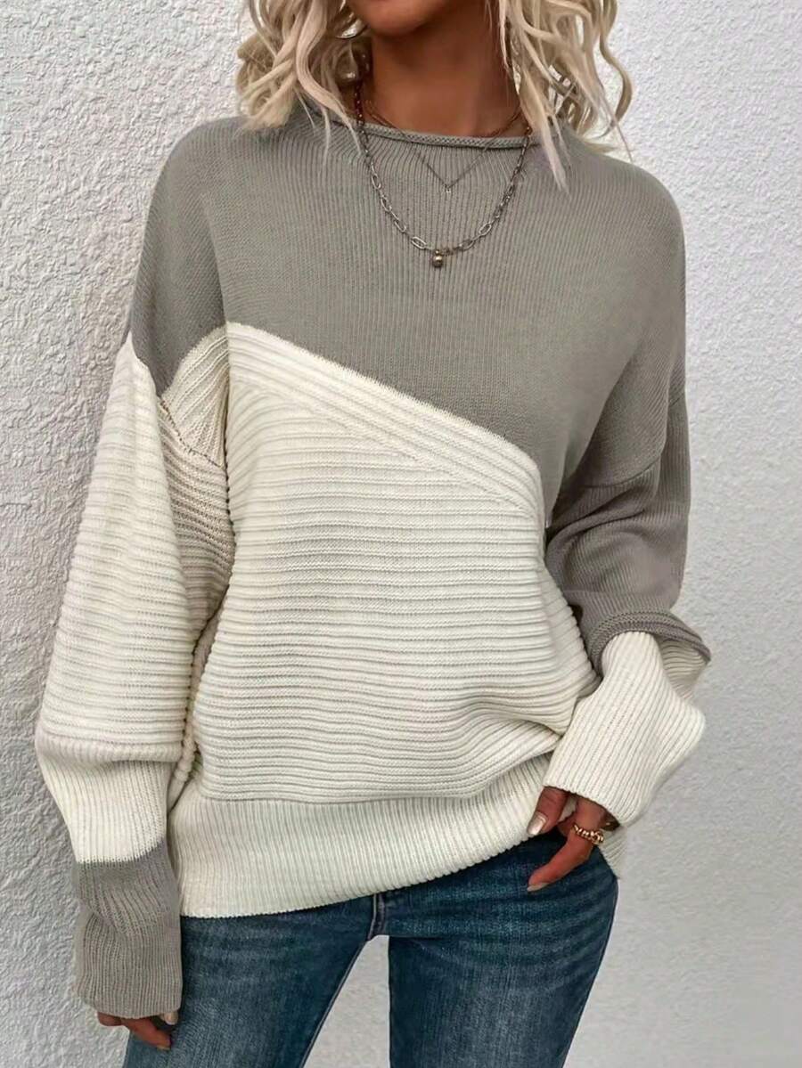 Long Sleeve Colorblock Casual Minimalist Pullover Sweater - White - View 1
