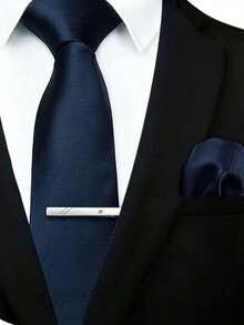 1套細條紋領帶、口袋巾、領帶夾3件組，適合商務出差、婚禮、宴會 - 藏蓝色 - 查看 2