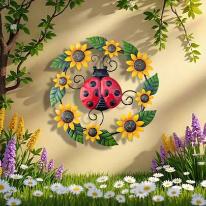 Vibrant Sunflower & Ladybug Decorative Hanging Plaque For Garden, Patio, Yard, Fence, Party, Wall And Holiday Outdoor Wall Decor