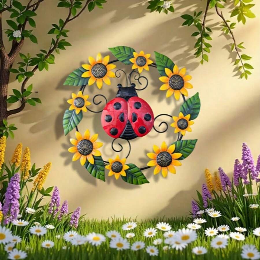 Vibrant Sunflower & Ladybug Decorative Hanging Plaque For Garden, Patio, Yard, Fence, Party, Wall And Holiday Outdoor Wall Decor - A - View 1