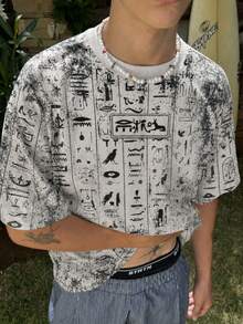 Fractyr Men's Vintage Washed Egyptian Hieroglyphs All Over Print Crew Neck T-Shirt, Distressed Ancient Symbol Oversized Streetwear Short Sleeve Tee - White - View 1
