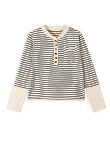 Women's Colorblock Striped Long Sleeve T-Shirt, Half-Neck, Slim Fit, Patchwork Design, Autumn Top, Random Cut - Apricot - View 3