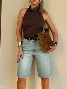 Women's Streetwear Minimalist Loose Low-Waist Straight Leg Denim Bermuda Shorts, Summer Casual Vacation - Medium Wash - View 2