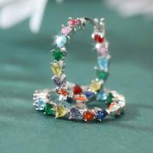 Waterproof Sparkling Colorful Heart-Shaped Cubic Zirconia Gold & Silver Dual-Tone Hoop Earrings, Luxury Vibe Women's Jewelry, Suitable For Evening Gala, Cocktail Party, Birthday Gathering, Daily Street Wear, Nightclub Look, Elegant Exquisite Party Gift Accessory - Silver - View 6