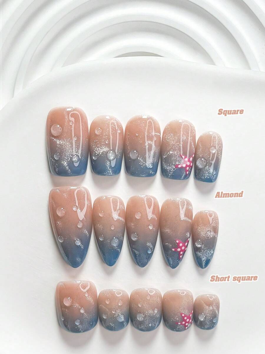 10片夏季海灘風手工穿戴甲,Polygel美甲套組,粉色海星、藍色貓眼、水滴設計,藍色指甲油,清新風格,附美甲工具,3種尺寸可選,方型、短方型、杏仁型,適合派對、舞蹈、日常配戴 - 彩色 - 查看 1