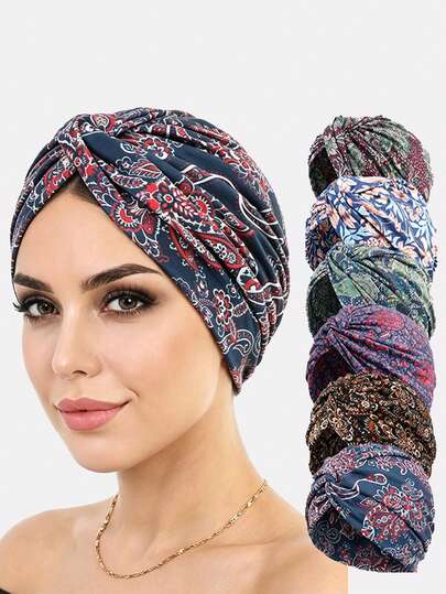2 chiếc khăn turban nữ in họa tiết kiểu quấn xoắn, khăn trùm đầu phù hợp mặc hàng ngày