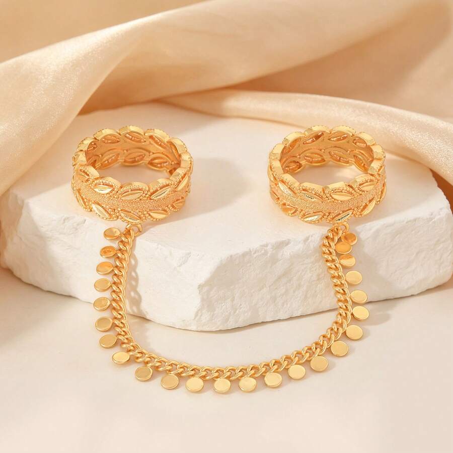 1 pezzo Anello doppio collegato con design vintage di foglie arabe e catena con nappe a moneta, per donne, regalo di gioielli per Eid, Ramadan, matrimonio, festa e uso quotidiano - Dorato - Visualizzare 1