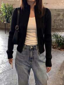 Women's Fitted Long Sleeve Knit Cardigan, Minimalist Commuter Style, Autumn Casual Black Fall - Black - View 1