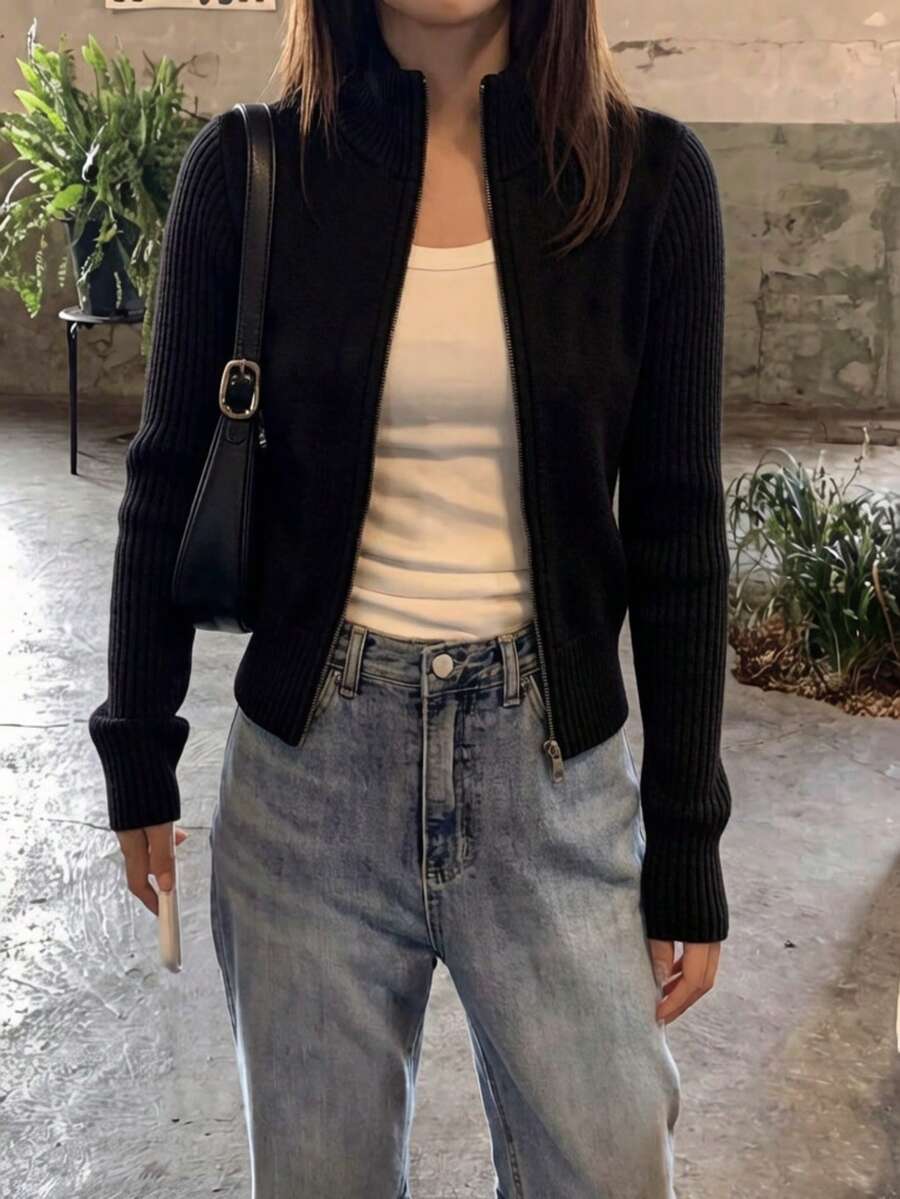 Women's Fitted Long Sleeve Knit Cardigan, Minimalist Commuter Style, Autumn Casual Black Fall - Black - View 1