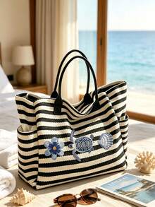 1/2 Piezas Juego de Bolsa de Mano a Rayas y Bolsa de Cosméticos con Patrón de Tortuga. Una Bolsa de Playa Espaciosa y Elegante con un Diseño Simple pero de Moda. - Multicolor - Ver 5