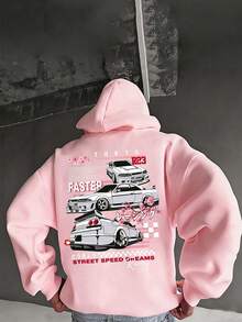 Men's Tokyo Racing Car Front & Back Print Hoodie, Loose Racing Style Streetwear Pullover - Pink - View 4