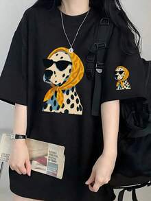 New Summer Gen Z Y2K Style Fun Spotted Dog Print Crew Neck Short Sleeve T-Shirt For Girls Casual Black - Black - View 4