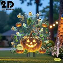 2D Flat Waterproof Weather-Resistant Acrylic Outdoor Ground Stake, Ghost Pumpkin Combination Print Durable Material, Halloween Party Lawn Decoration, Create Eerie Atmosphere Yard Display - Plant Pumpkin - View 5