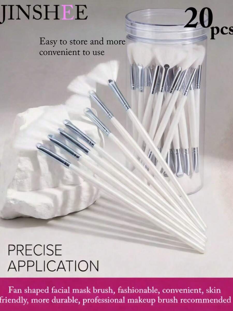 JINSHEE Professional Skincare Brushes, 20pcs Multi-Function Mini Fan-Shaped Mask Brushes With Storage Bucket, Suitable For Mask/SPA/Essence, Gentle Exfoliating SPA Brush, Suitable For Home And Beauty Salon Skincare, Reusable Beauty Tool - White - View 1