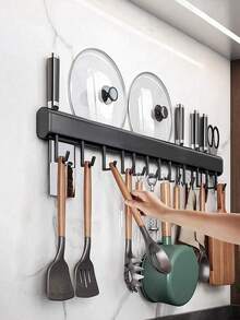 Storage Rack, Kitchen Shelf - Wall-Mounted Pot Rack With Hooks, For Storing Tableware, Knives, Forks, Etc. - Straight Bar Design, No-Drill Installation - Multicolor - View 1