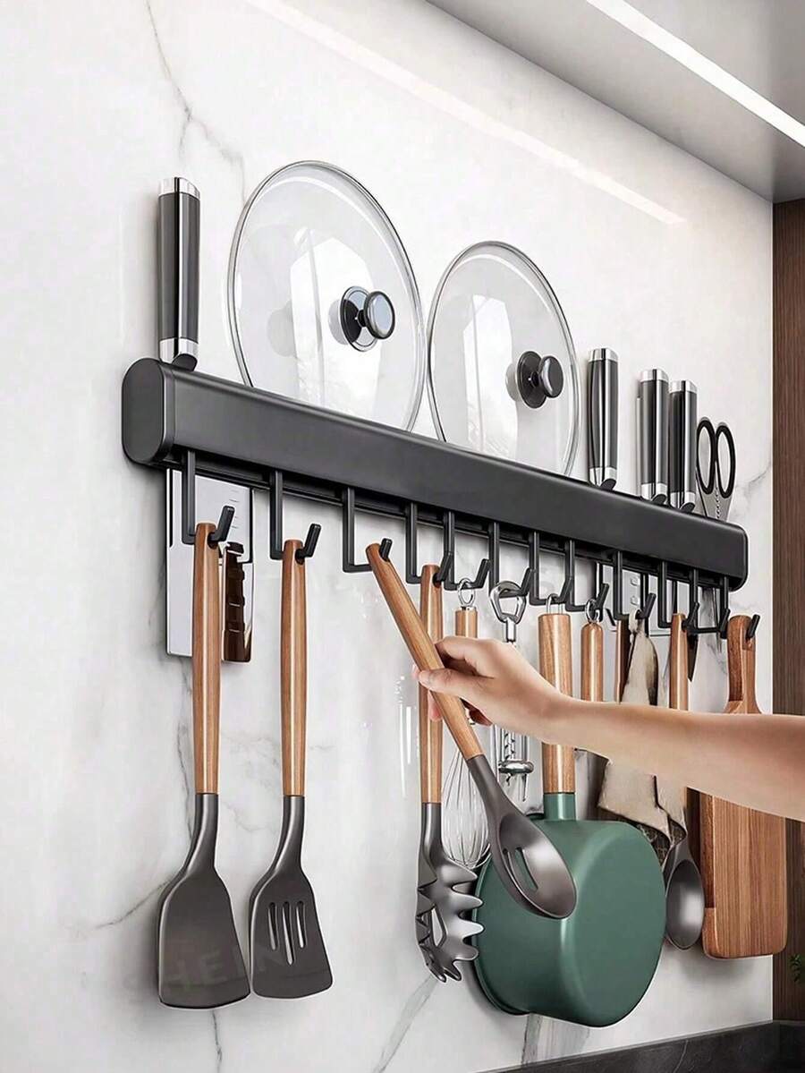 Storage Rack, Kitchen Shelf - Wall-Mounted Pot Rack With Hooks, For Storing Tableware, Knives, Forks, Etc. - Straight Bar Design, No-Drill Installation - Multicolor - View 1