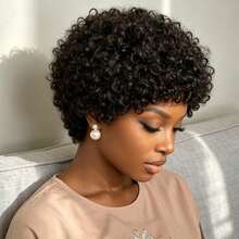 Women's Daily Wear Natural Black Short Afro Curly Human Hair Full Machine Woven Wig - Natural Black - View 7