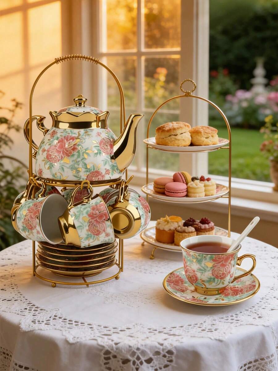 20 Pcs Porcelain Tea Set With Metal Holder, Adult Tea Set Gift, European Ceramic Tea Set For Adults, Flower Tea Cup Saucer Set For Party With Gold Flower Painting (Vibrant Green) - 款式2 - 查看 1