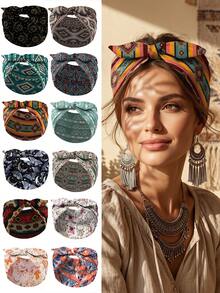 1pc Women's Bohemian Geometric Pattern Printed Bow Knot Casual Headband, Outdoor Yoga Fashion Hair Accessory - Multicolor - View 1