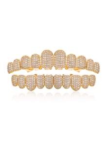 1/2pcs 18K Gold Plated 10-Tooth Full Zirconia Gold Teeth Hip Hop Personalized Halloween Decorative Teeth Suitable For Daily Wear - Multicolor - View 11