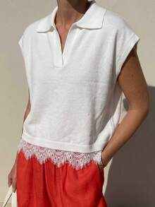 Women's Lace Patchwork Polo Collar Casual Everyday Knit Top - White - View 4