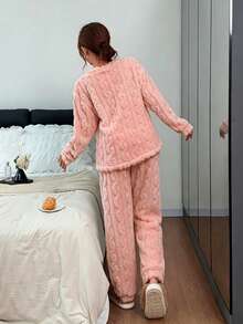 2pcs/Set Women's Winter Teddy Bear Pattern Embroidered Thick Long Sleeve Long Pants Fleece Pajama Set - Coral Pink - View 2