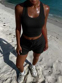 Vaiaye Women's 2-Piece Black Fitness Set, Sleeveless Tank Top And Drawstring Shorts, Sports Casual Beach Vacation Outfit Elegant Summer - Black - View 10
