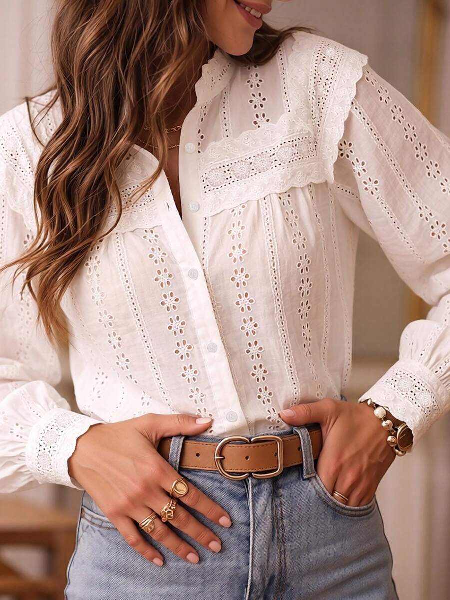 ii Blusa de mujer de unicolor con bordado calado, estilo vacaciones, color blanco primaveral - Blanco - Ver 1