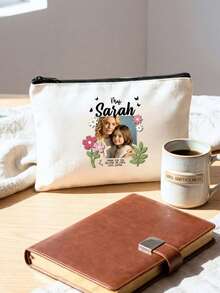 Custom Photo Canvas Zipper Pouch Personalized Teacher Name Floral Butterfly Frame Makeup Bag, Custom Upload Picture Teacher Appreciation Gift With Daisy Border, Stationery Cosmetic Storage Bag For Teacher's Day Back To School Daily Carry Organizer - Multicolor - View 3
