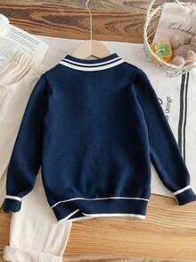Áo len chui đầu nam phong cách preppy cổ polo kéo khóa nửa, tay dài, dệt kim họa tiết sóng 3D phối màu kẻ sọc, áo mặc thường ngày và đi học đa năng, xuân/thu/đông - Màu xanh hải quân - Xem 2