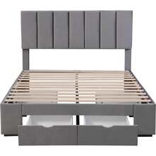 Bed Frame 140 X 200 Cm Velvet, With Spring Mattress, Headboard, 4 Drawers, Grey - 灰色 - 查看 11