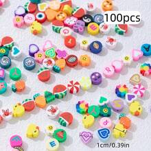100/200pcs Mixed Style Colorful Polymer Clay Beads, Cute Fruit, Smiling Face, Heart, Flower, Letter Flat Round Beads For DIY Bracelets, Necklaces, Keychains, Handmade Crafts Materials - Assorted Colors and Styles - View 10