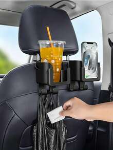 Multifunctional Car Seat Back Storage Organizer With Cup Holder, Phone Holder And Hooks. Suitable For Most Car Models. Can Hold Water Bottles, Milk Tea Bags, Trash Bags And Glasses. Rear Seat Cup Holder Car Storage Device - Black - View 1