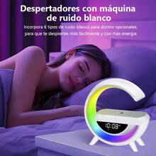 ZNEMAZ Lámpara de escritorio LED con forma de G, cargador inalámbrico, altavoz Bluetooth y despertador: un dispositivo 3 en 1 ideal para oficinas y dormitorios. - Ver 3