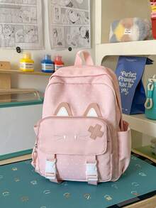 Cute Cat Shaped Backpack, Girls Casual Outing Shopping Travel Small Backpack, Middle School High School College Student School Bag, Large Capacity Lightweight Daily Commute Backpack, Adorable Cartoon Pattern Student Backpack, Multiple Colors Available Pink Yellow Blue Black White - A - View 16
