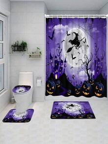 1/4pcs Halloween Flying Witch Horror Castle Shower Curtain Set, With 12 Hooks Waterproof Polyester Bath Curtain, Bathroom Curtain, Privacy, Thickened, Durable Quick Dry, 180*180cm Size - A - View 20